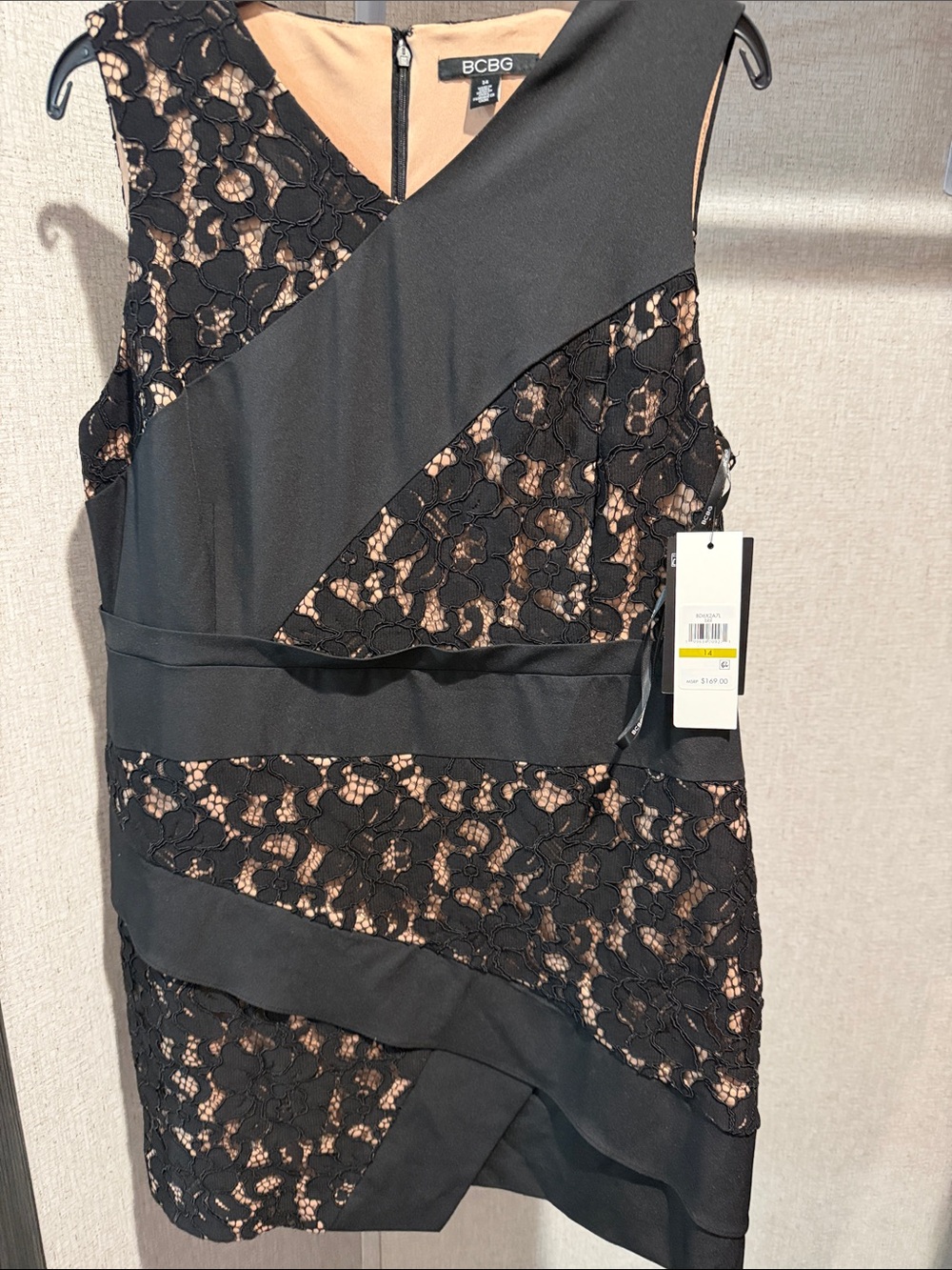 BCBG Black Lace Mini Dress with Nude Underlay